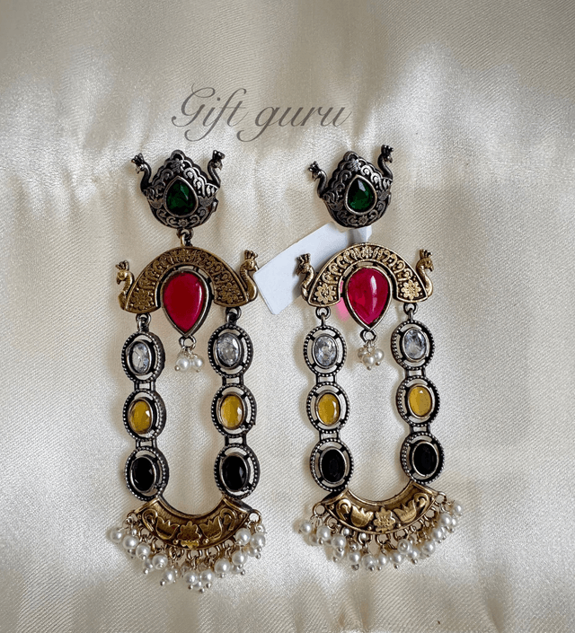 Antique Royal Look Big Earrings with Multi-Colour Stones & Pearls 