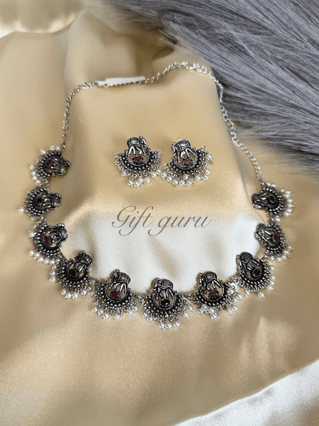 ✨ Oxidised Elephant Necklace Set with Ruby, Green Stones & Pearls ✨