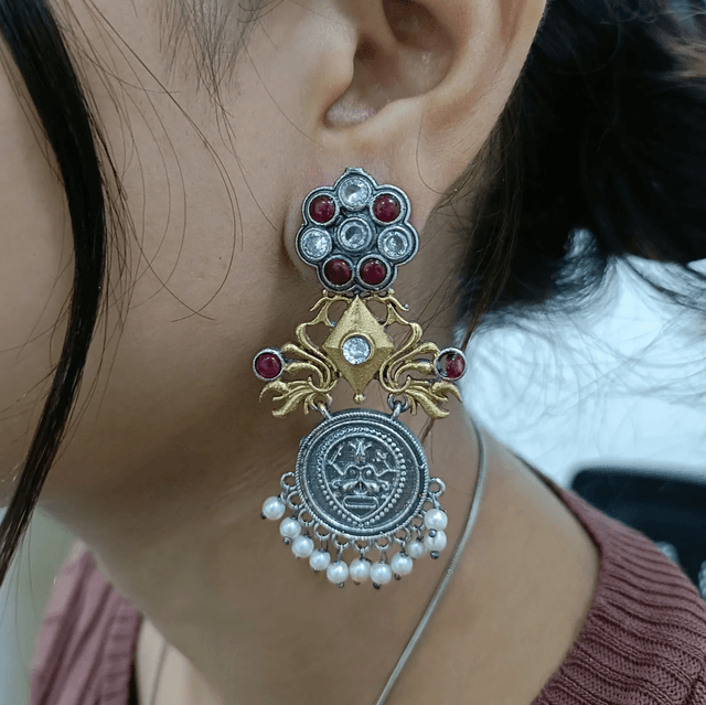 Antique Jhumka Earrings With Pink Stone
