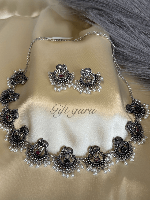 ✨ Oxidised Elephant Necklace Set with Ruby, Green Stones & Pearls ✨