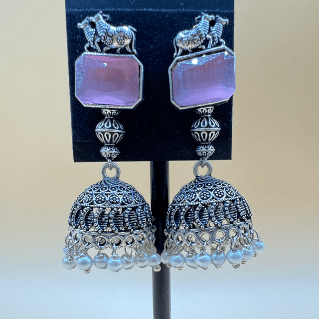 Oxidised Pink stone Jhumkas 