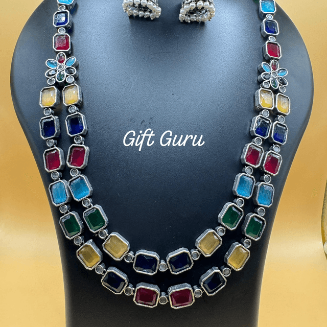 Oxidised multi colour stones two layer haram