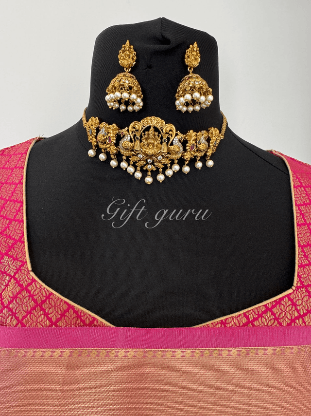 Lakshmi Devi Peacock Choker with Butta Earrings – Black Matte Finish Temple Jewellery