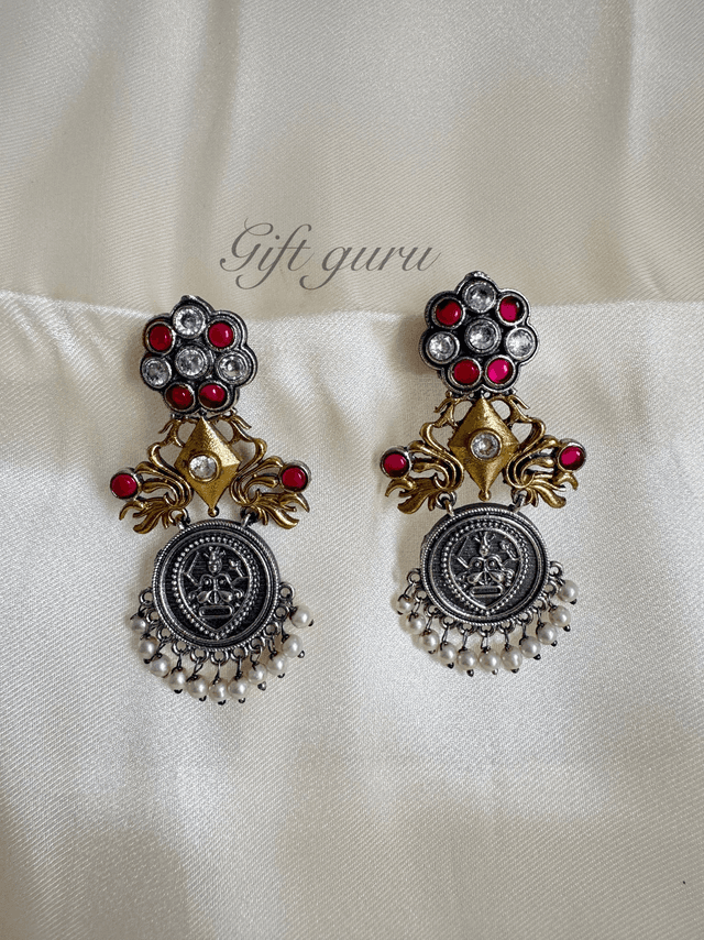 Oxidised Ruby &amp; White Stone Earrings with Gold Antique Finish