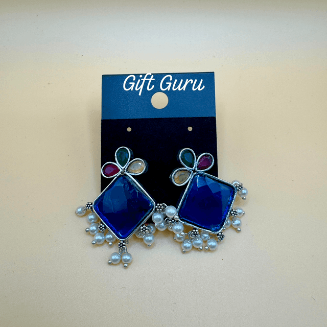 Blue stone oxidised ear rings